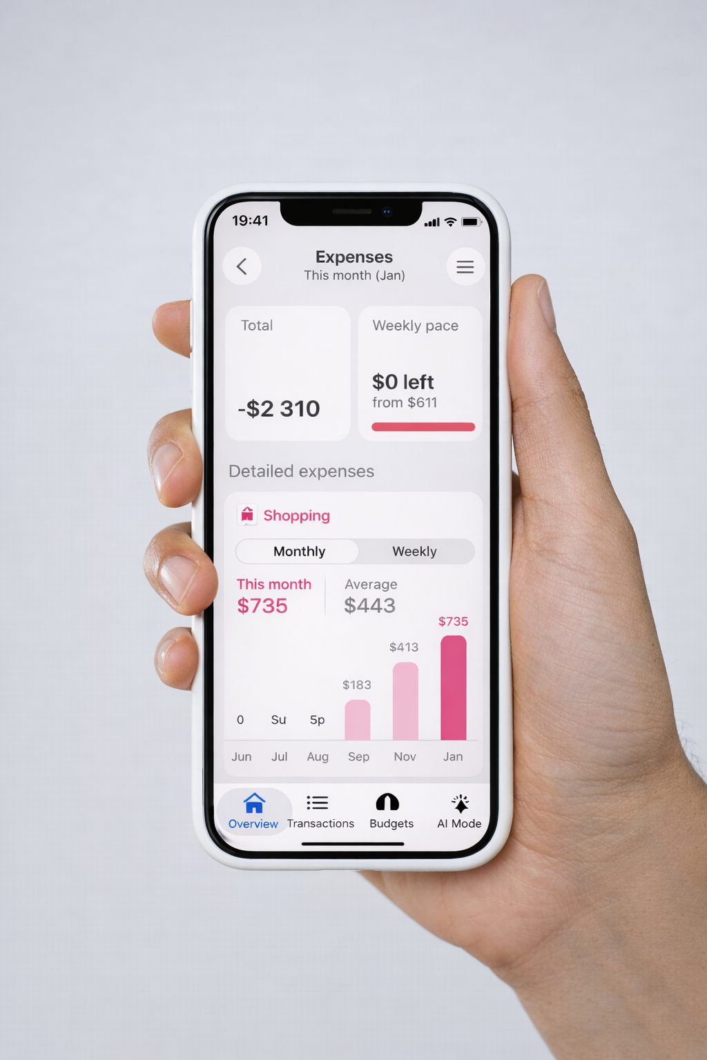 MoneyFetch expense dashboard on a mobile phone