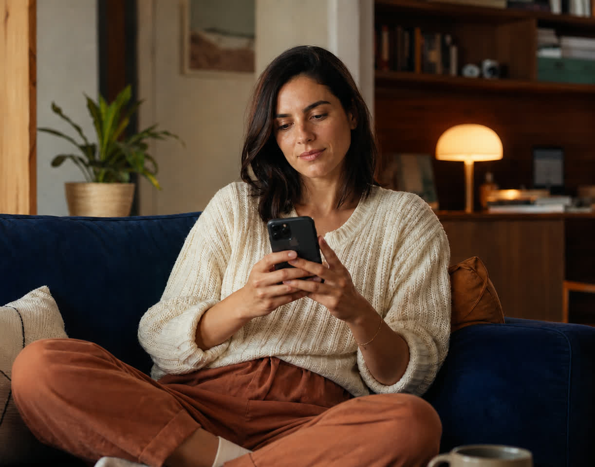 A woman at home checking Fetch on her phone